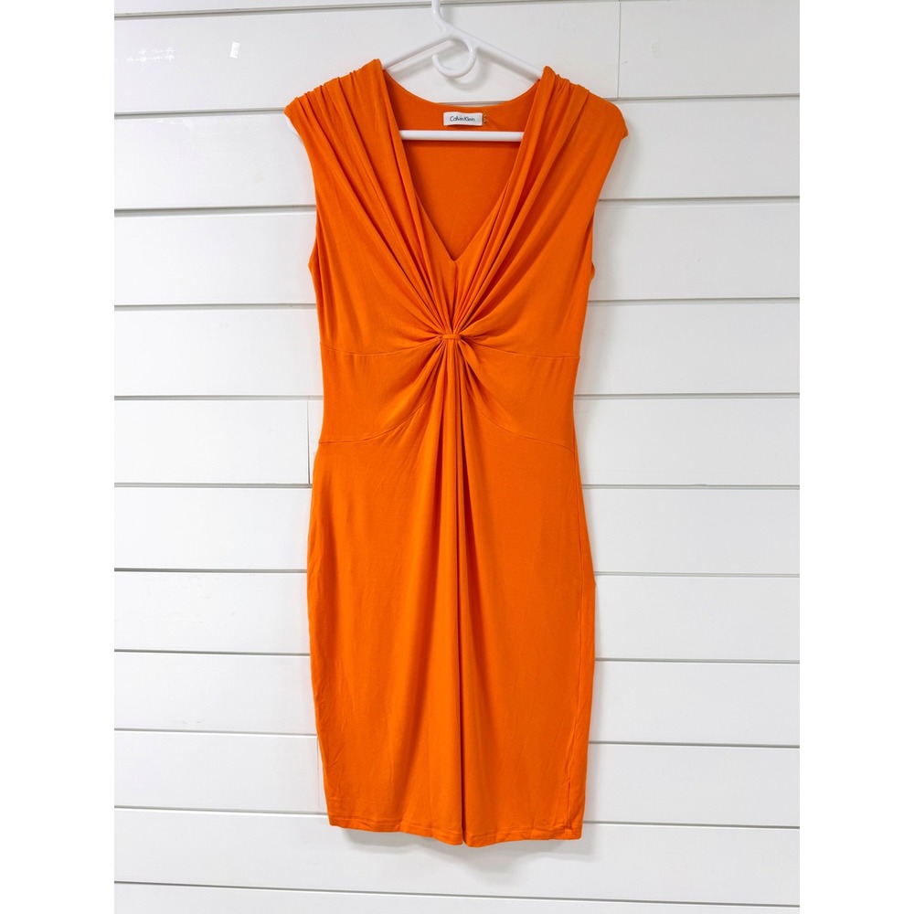 Calvin Klein Orange Sunburst Pleated Knot Front V-Neck Sheath Dress Size 10